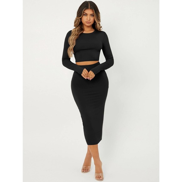 Dresses & Skirts - 2 piece set: long sleeve Slim Fit Crop Top & High Waist Pencil Skirt black